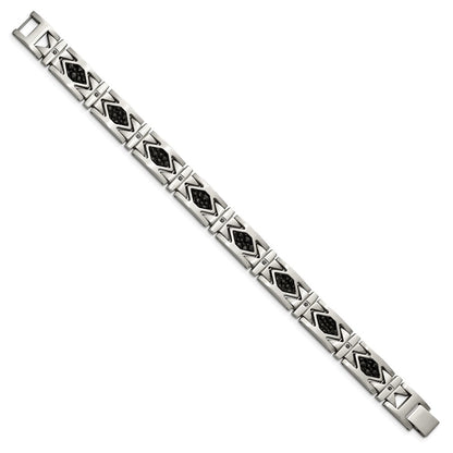 Stainless Steel Chisel Brushed With Stringray Textured Black Leather And Cz 8.5 Inch Link Bracelet