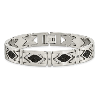 Stainless Steel Chisel Brushed With Stringray Textured Black Leather And Cz 8.5 Inch Link Bracelet