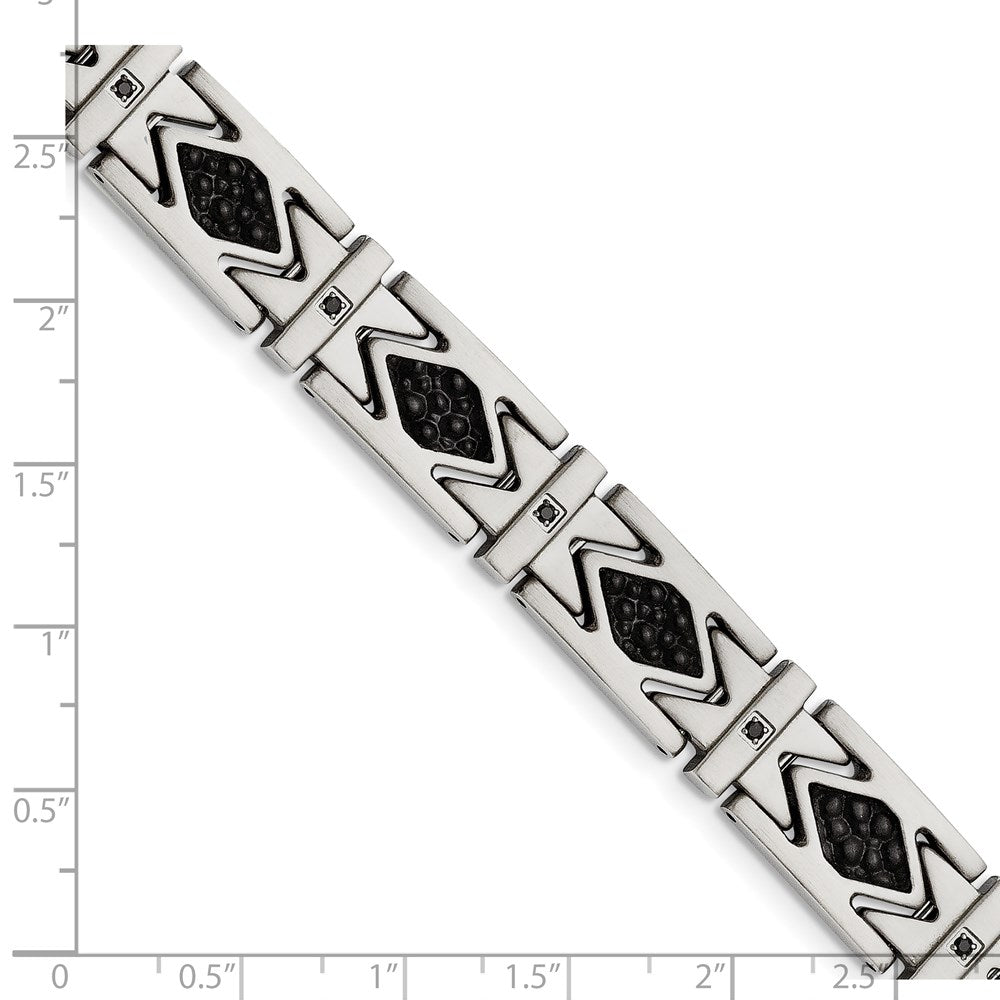 Stainless Steel Chisel Brushed With Stringray Textured Black Leather And Cz 8.5 Inch Link Bracelet