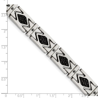 Stainless Steel Chisel Brushed With Stringray Textured Black Leather And Cz 8.5 Inch Link Bracelet