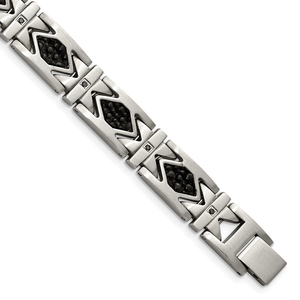 Stainless Steel Chisel Brushed With Stringray Textured Black Leather And Cz 8.5 Inch Link Bracelet