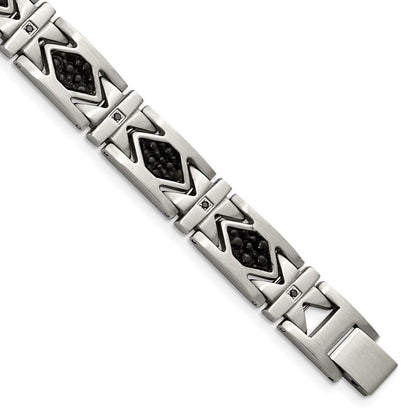 Stainless Steel Chisel Brushed With Stringray Textured Black Leather And Cz 8.5 Inch Link Bracelet