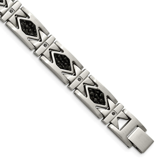 Stainless Steel Chisel Brushed With Stringray Textured Black Leather And Cz 8.5 Inch Link Bracelet