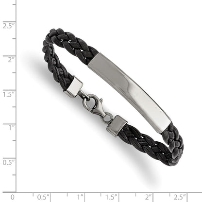 Stainless Steel Chisel Polished Braided Black Leather 7.25 Inch Id Bracelet