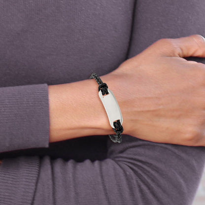 Stainless Steel Chisel Polished Black Woven Leather 8.25 Inch Id Bracelet