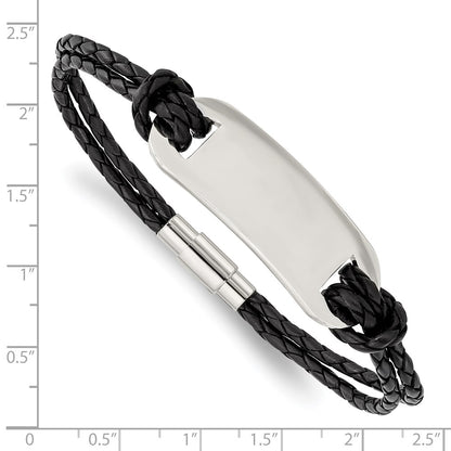Stainless Steel Chisel Polished Black Woven Leather 8.25 Inch Id Bracelet