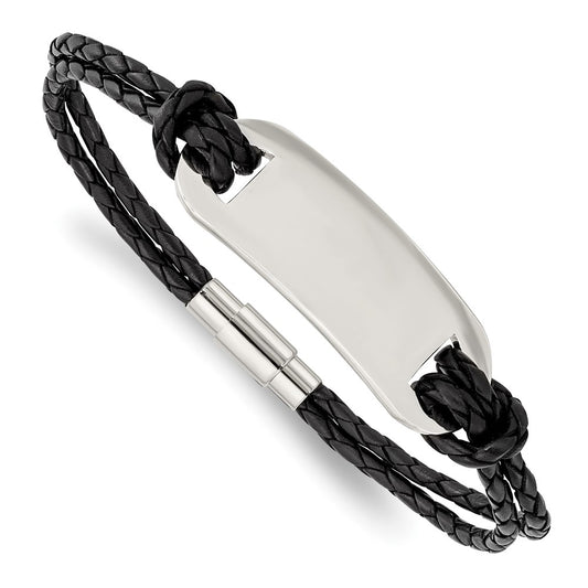 Stainless Steel Chisel Polished Black Woven Leather 8.25 Inch Id Bracelet