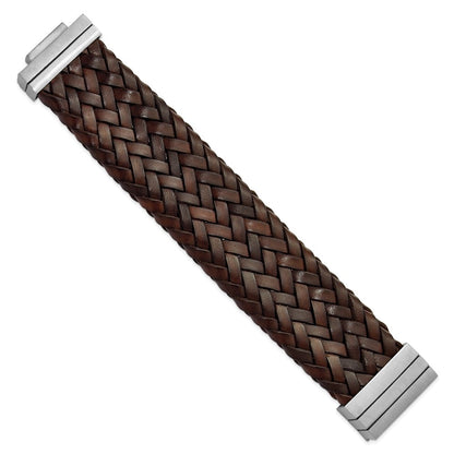 7.75 Inch Stainless Steel Brushed & Brown Italian Woven Leather Bracelet