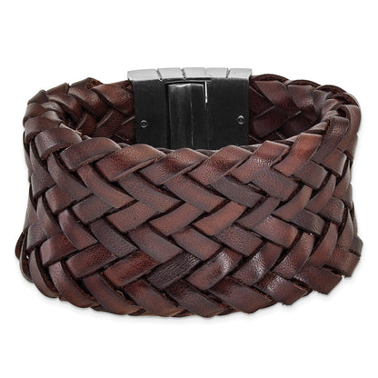 7.75 Inch Stainless Steel Brushed & Brown Italian Woven Leather Bracelet