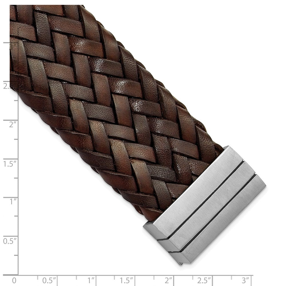 7.75 Inch Stainless Steel Brushed & Brown Italian Woven Leather Bracelet