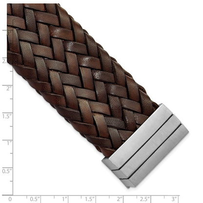 7.75 Inch Stainless Steel Brushed & Brown Italian Woven Leather Bracelet