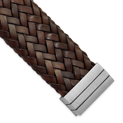 7.75 Inch Stainless Steel Brushed & Brown Italian Woven Leather Bracelet