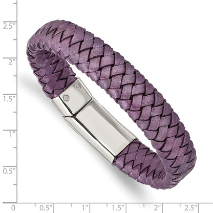 Stainless Steel Chisel Polished Metallic Purple Braided Leather 7.5 Inch Bracelet