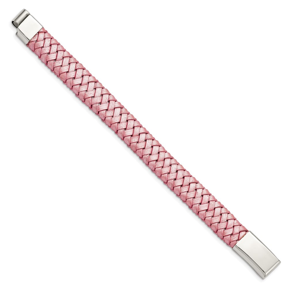 Stainless Steel Chisel Polished Metallic Pink Braided Leather 7.5 Inch Bracelet
