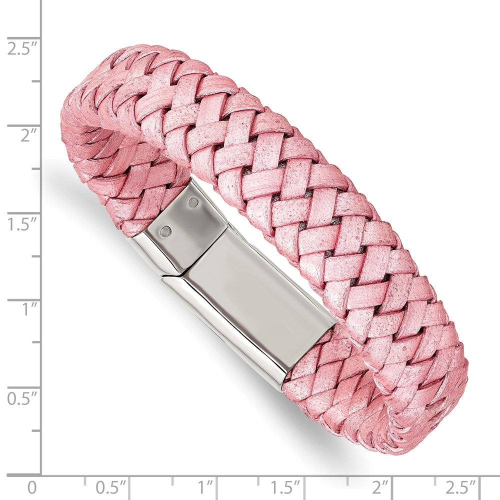 Stainless Steel Chisel Polished Metallic Pink Braided Leather 7.5 Inch Bracelet
