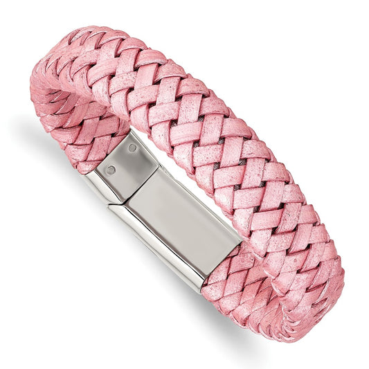 Stainless Steel Chisel Polished Metallic Pink Braided Leather 7.5 Inch Bracelet
