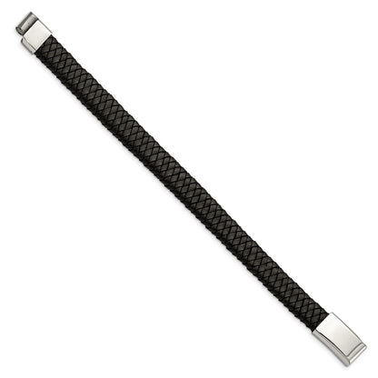 Stainless Steel Chisel Polished Black Woven Leather 8.5 Inch Bracelet