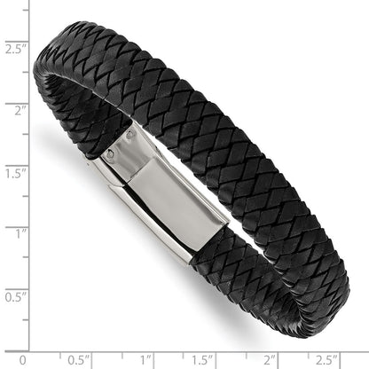 Stainless Steel Chisel Polished Black Woven Leather 8.5 Inch Bracelet