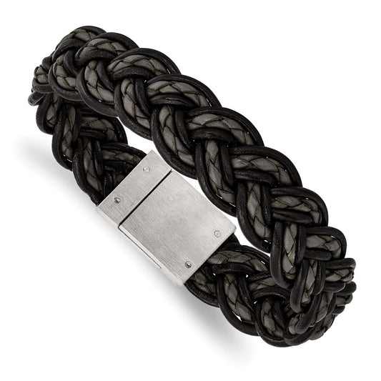 8.5 Inch Stainless Steel Brushed Black And Grey Woven Leather 8.5In Bracelet
