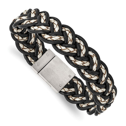 8.5 Inch Stainless Steel Brushed Black And Cream Woven Leather 8.5In Bracelet