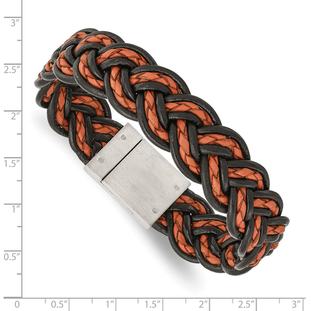 8.5 Inch Stainless Steel Brushed Black And Orange Woven Leather 8.5In Bracelet