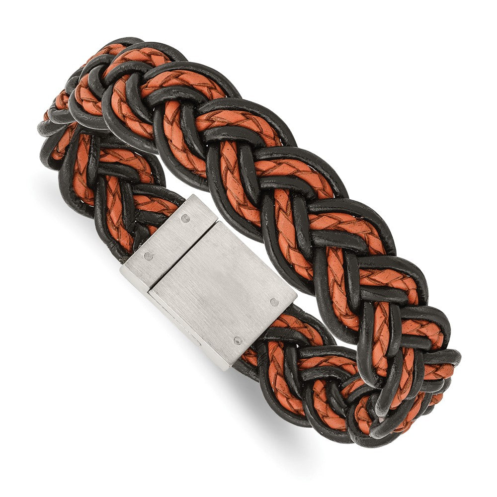 8.5 Inch Stainless Steel Brushed Black And Orange Woven Leather 8.5In Bracelet
