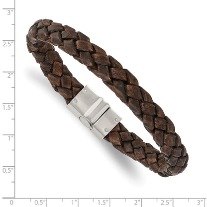 Stainless Steel Chisel Polished Brown Woven Leather 8.75 Inch Bracelet