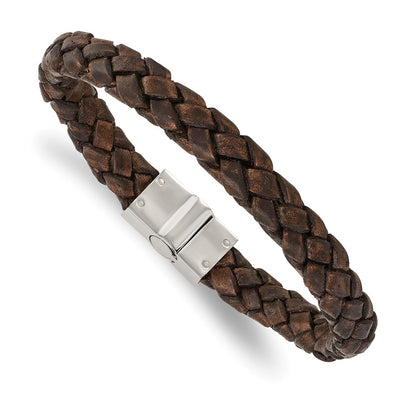 Stainless Steel Chisel Polished Brown Woven Leather 8.75 Inch Bracelet