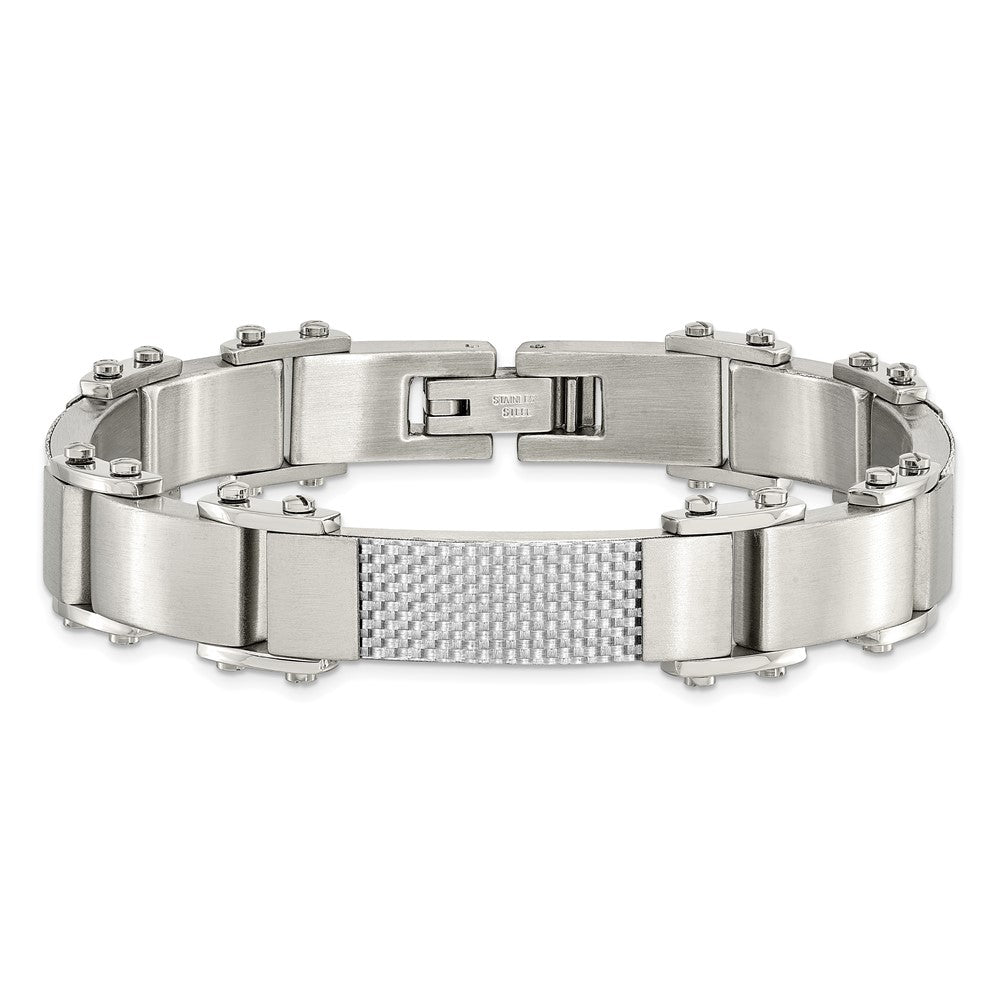 Stainless Steel Chisel Polished With Solid Grey Carbon Fiber 9 Inch Link Bracelet