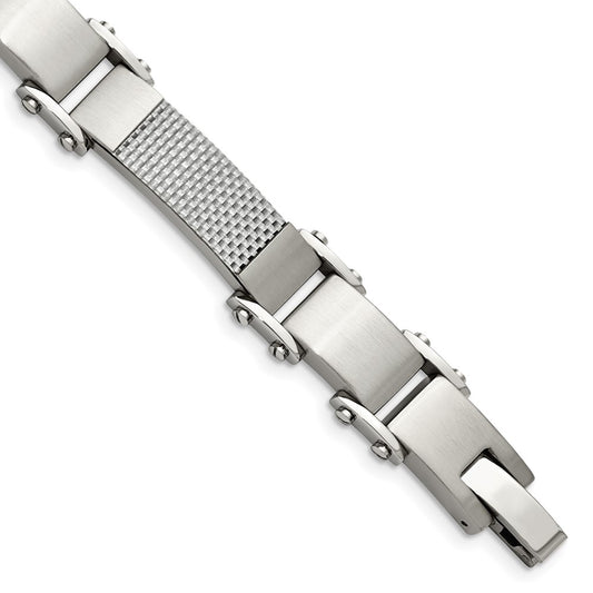 Stainless Steel Chisel Polished With Solid Grey Carbon Fiber 9 Inch Link Bracelet