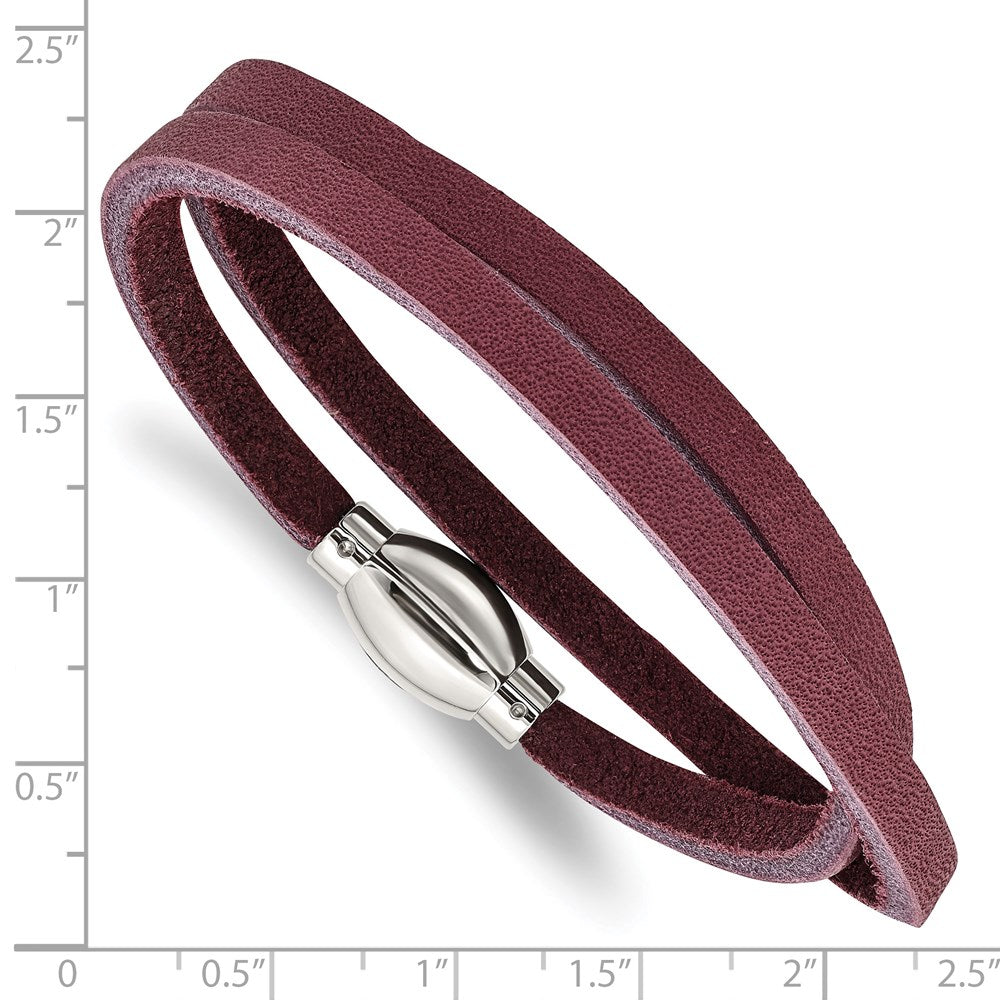 15.5 Inch Stainless Steel Polished Purple Leather Wrap Bracelet