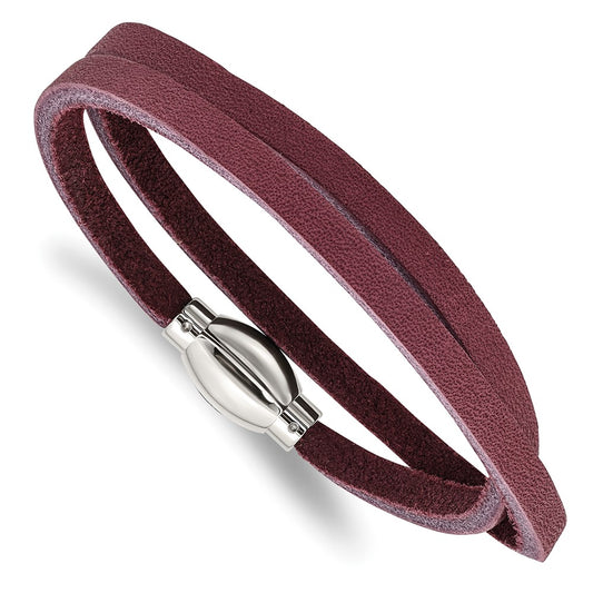 15.5 Inch Stainless Steel Polished Purple Leather Wrap Bracelet