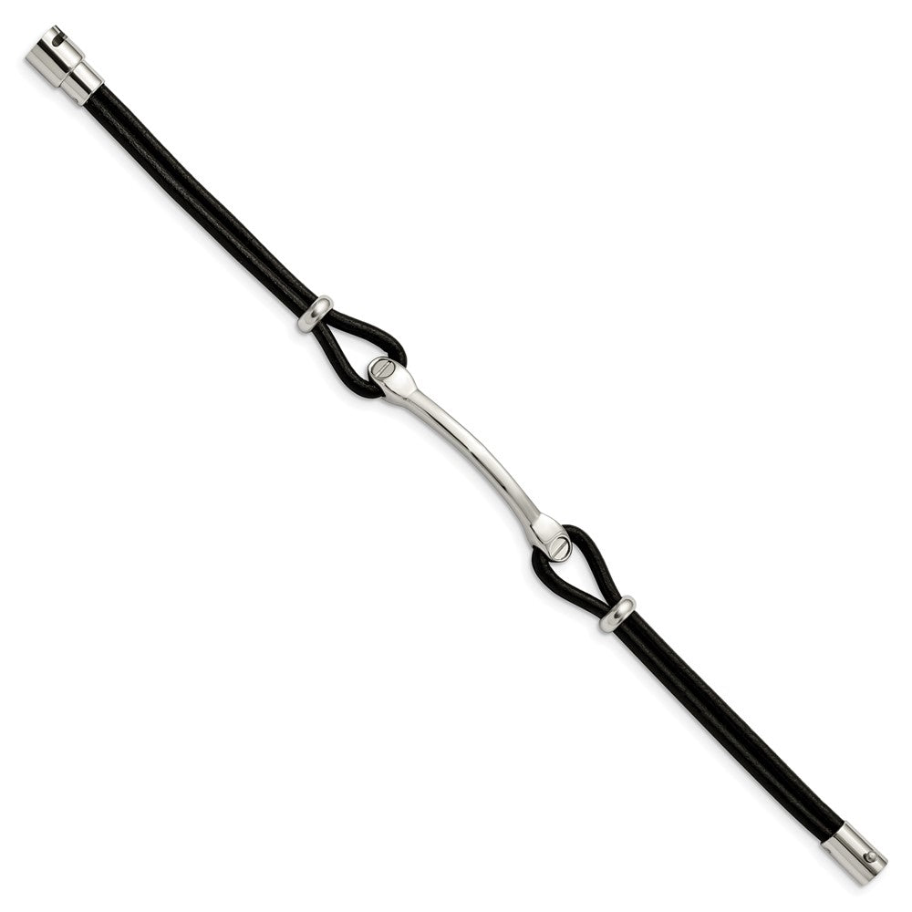 Stainless Steel Chisel Polished Black Leather 7.5 Inch Id Bracelet