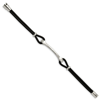 Stainless Steel Chisel Polished Black Leather 7.5 Inch Id Bracelet