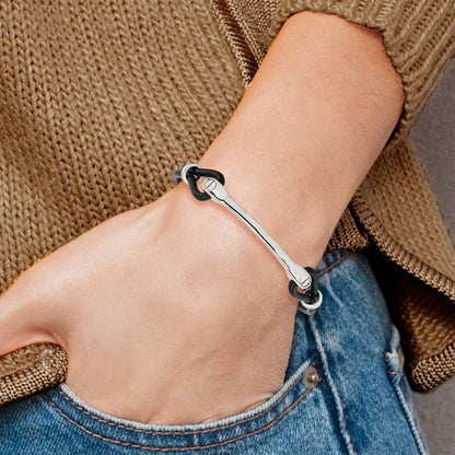 Stainless Steel Chisel Polished Black Leather 7.5 Inch Id Bracelet