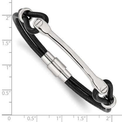 Stainless Steel Chisel Polished Black Leather 7.5 Inch Id Bracelet