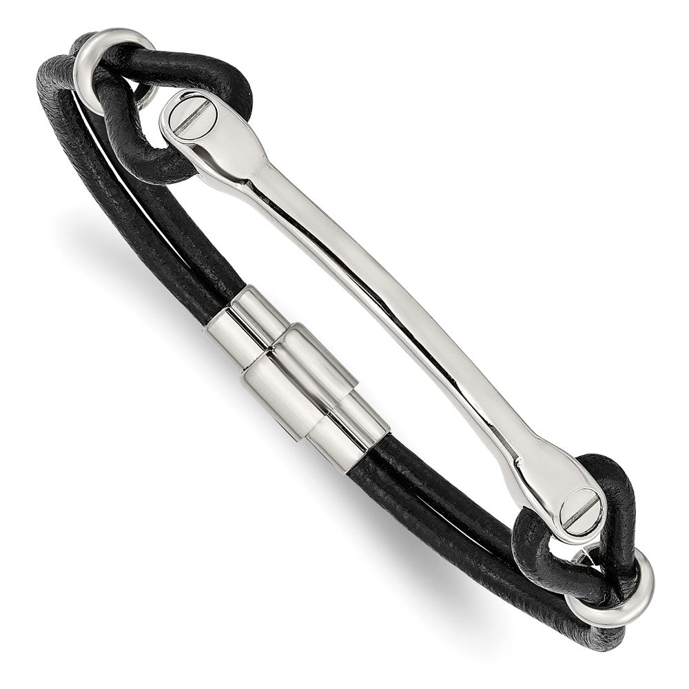 Stainless Steel Chisel Polished Black Leather 7.5 Inch Id Bracelet