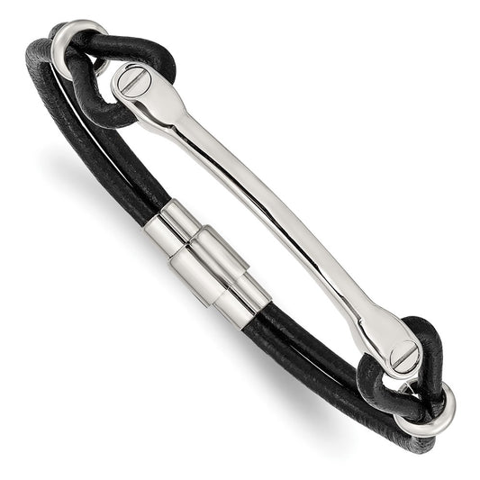 Stainless Steel Chisel Polished Black Leather 7.5 Inch Id Bracelet