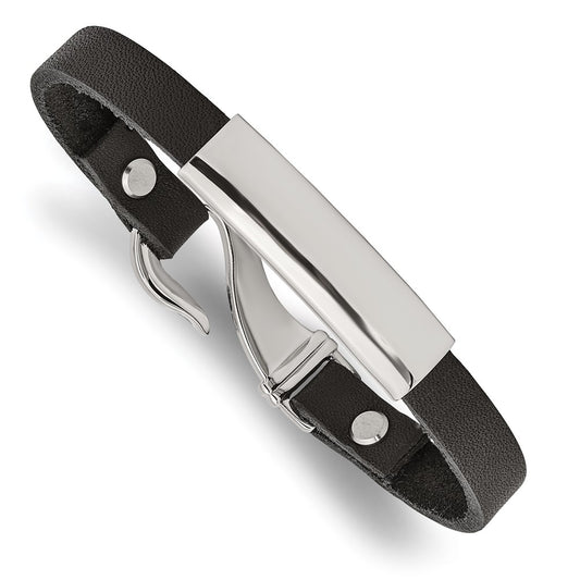 Stainless Steel Chisel Polished Black Leather 8.5 Inch Id Bracelet