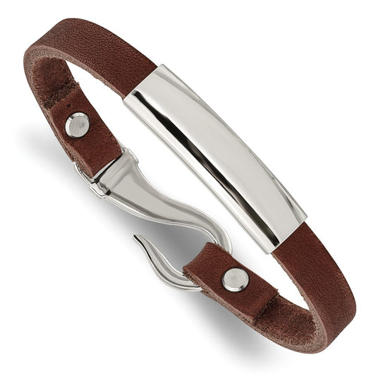 Stainless Steel Chisel Polished Brown Leather 8.5 Inch Id Bracelet