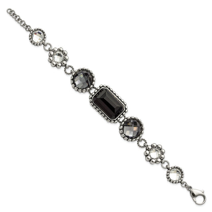 9 Inch Stainless Steel Polished/Antiqued Glass Beaded W/1In Ext. Bracelet