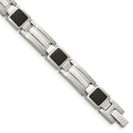 Stainless Steel Chisel Polished With Black Carbon Fiber Inlay 8.75 Inch Link Bracelet