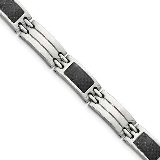 Stainless Steel Chisel Brushed And Polished With Black Carbon Fiber Inlay 8.5 Inch Link Bracelet
