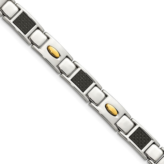 9.5 Inch Chisel Stainless Steel Polished Yellow Ip-Plated With Black Carbon Fiber Inlay 8.5 Link Bracelet