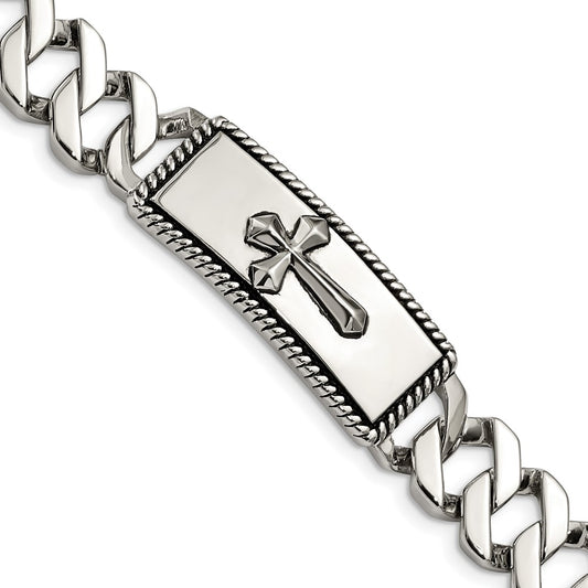 Stainless Steel Chisel Antiqued Polished And Textured 8.5 Inch Cross Id Bracelet