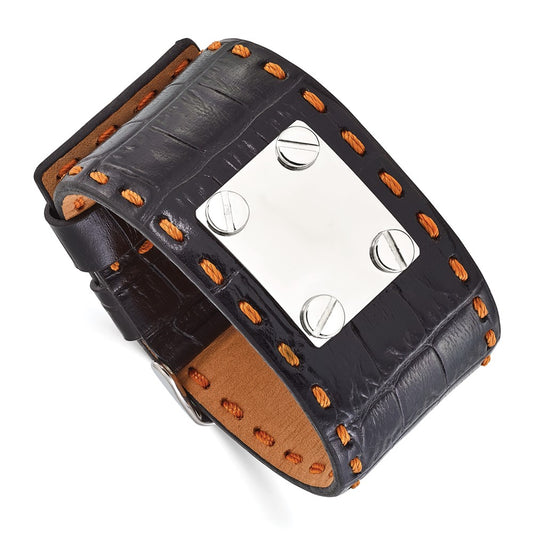 9.25 Inch Stainless Steel Black Leather Orange Stitch Buckle Id Bracelet