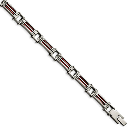 8.25 Inch Stainless Steel Metallic Red Leather Polished Link Bracelet