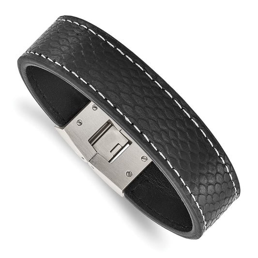 8 Inch Stainless Steel Polished Black Leather 8In Bracelet
