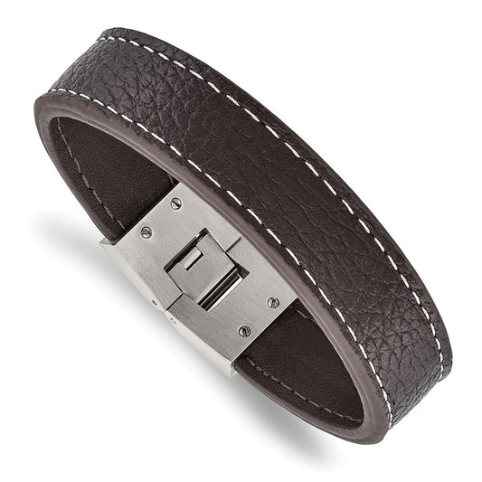8 Inch Stainless Steel Polished Brown Leather 8In Bracelet