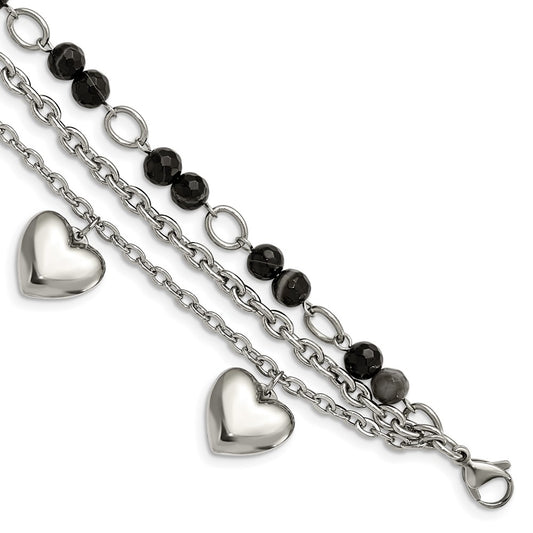 7.5 Inch Stainless Steel Polished W/Black & White Agate W/Hearts 7.5In Bracelet